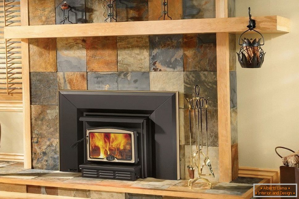 Decoration of electric fireplace from stone and wood