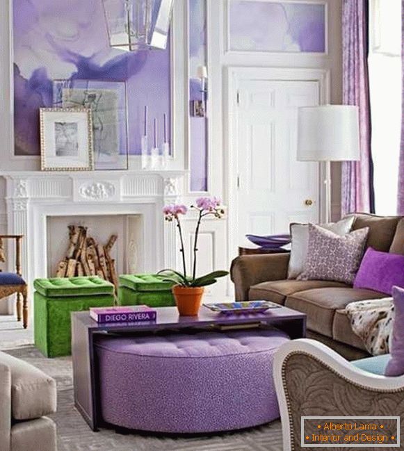 Bright purple in the living room with fireplace