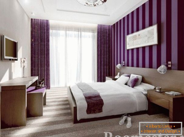Bedroom with wallpaper in purple stripes