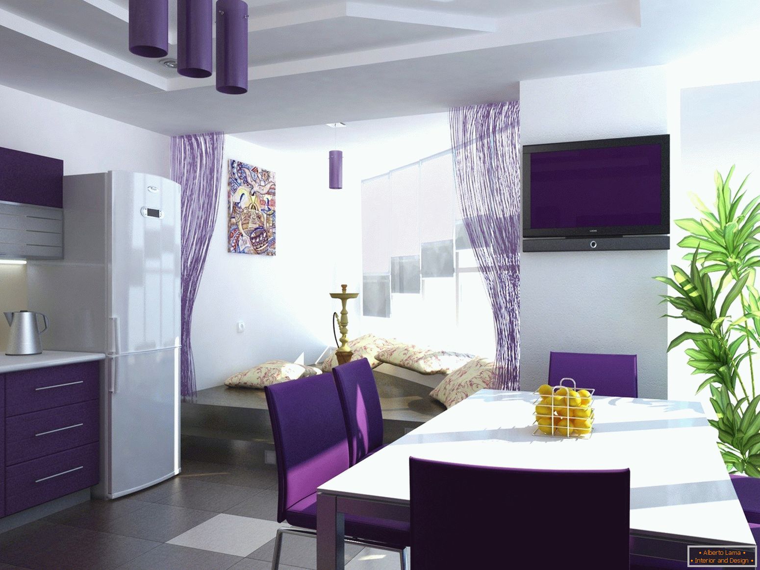 Purple color in the interior of the kitchen