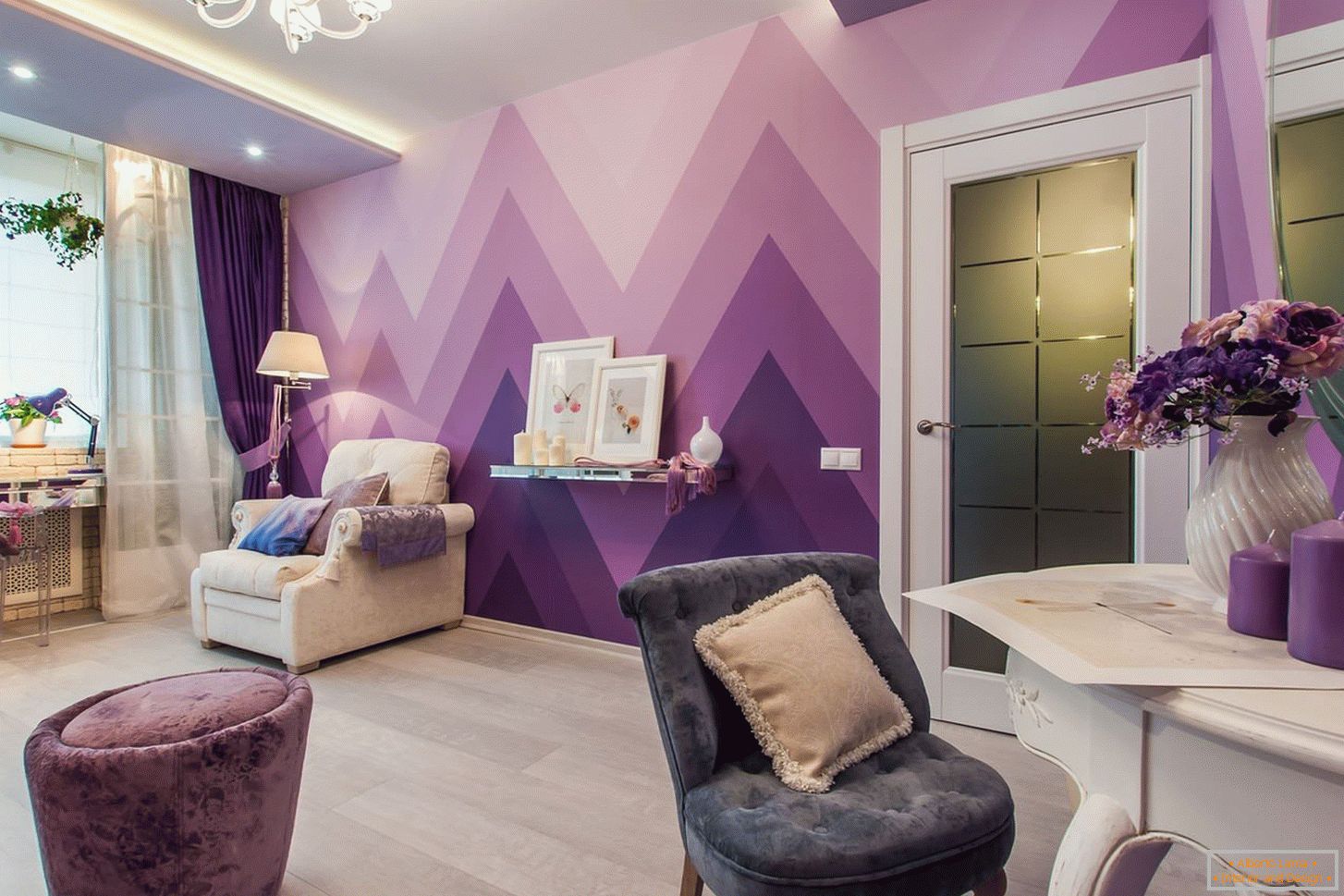 Geometric patterns on violet wallpaper