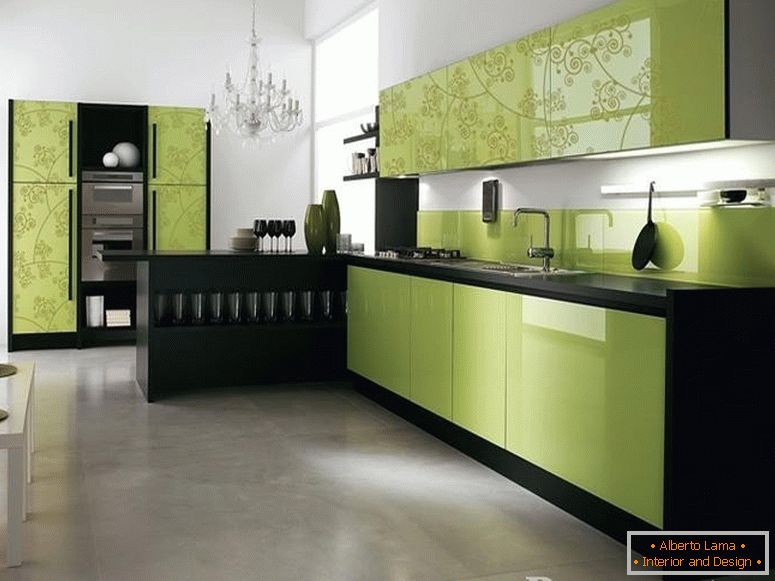 White kitchen interior with pistachio-black furniture