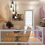 Beige kitchen with violet furniture
