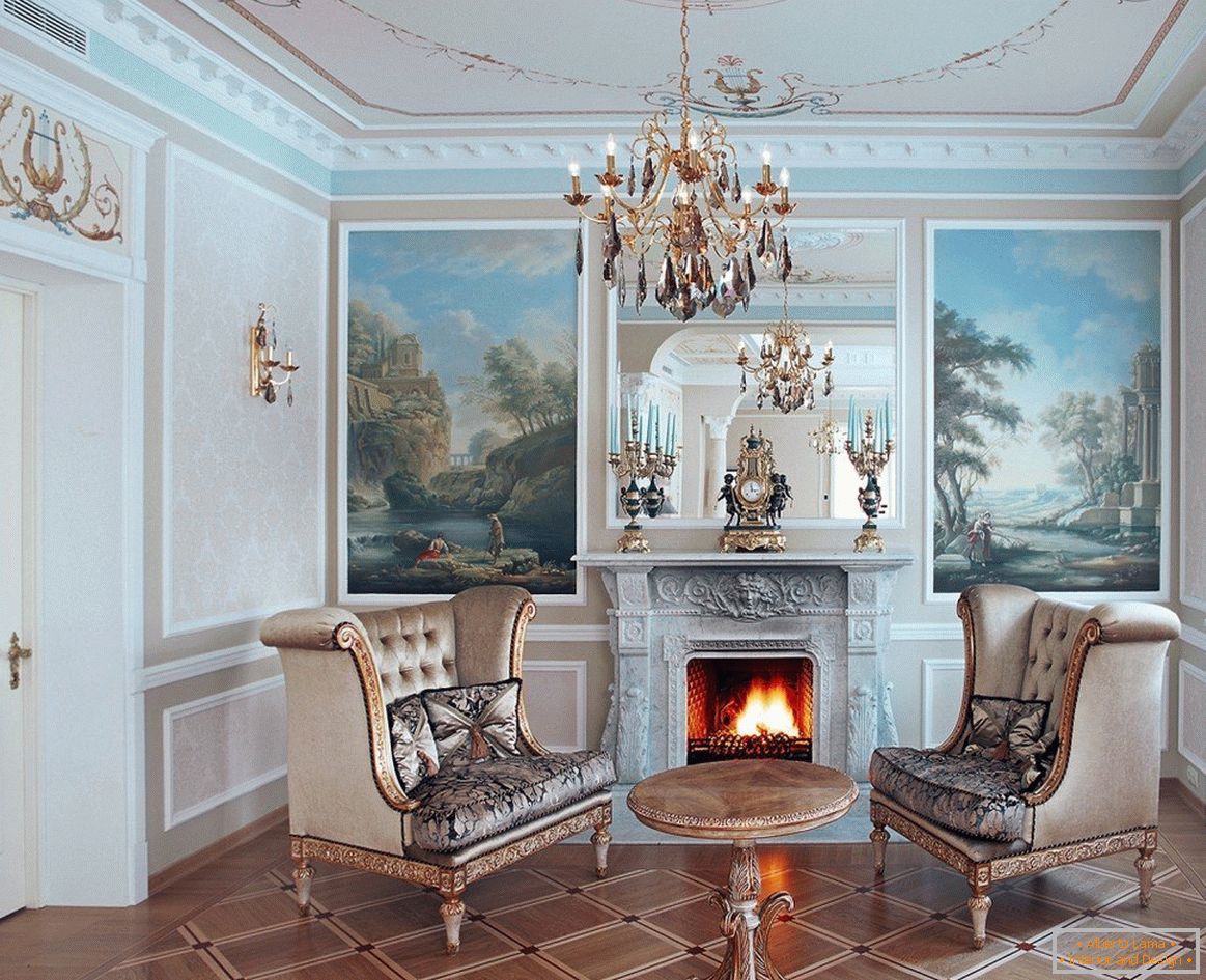 Frescos and fireplace in the living room