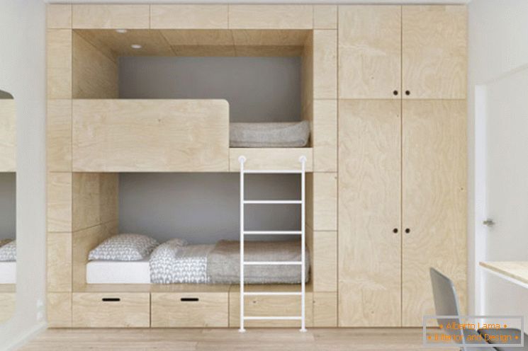 Built-in bunk bed in a small bedroom