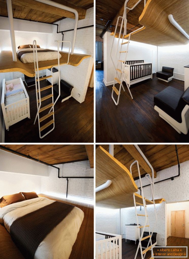 Bed on the mezzanine to the small bedroom