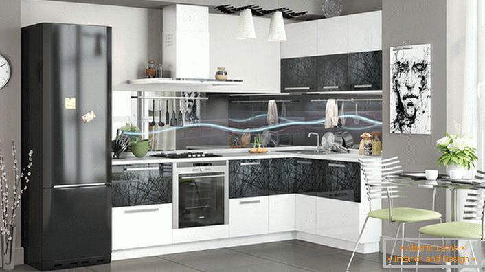 The modern kitchen is decorated using a modular kitchen unit. Corner set allows you to save space.