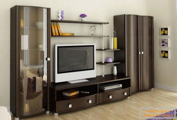 Modern modular walls for the living room are mostly equipped with a large number of shelves. In the center of the wall there is a place for a TV.