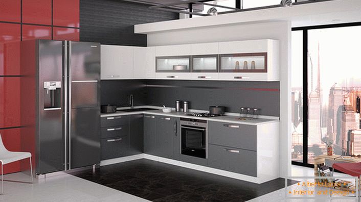 Modular furniture in the kitchen in the style of high-tech. A successful solution for organizing kitchen space. 