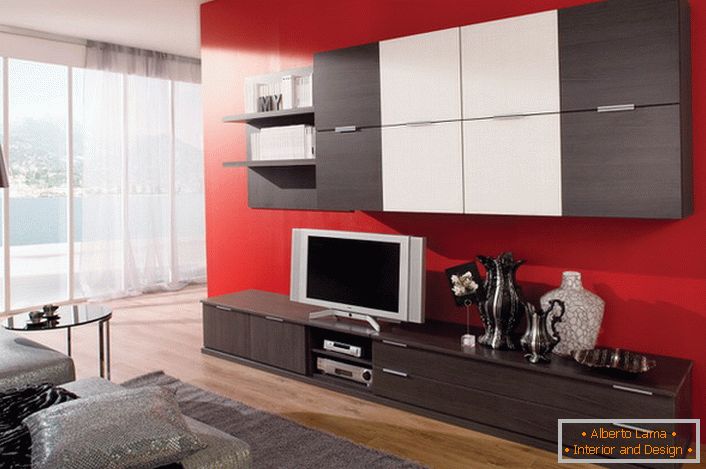Modular furniture for the living room allows you to save space. Hanging cabinets with many departments do not clutter up space.