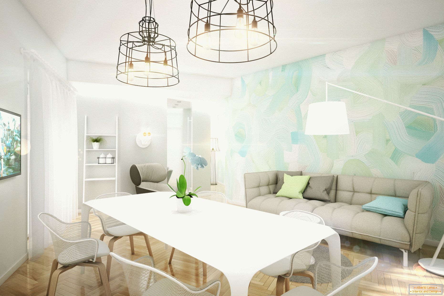 Design apartment in pastel colors: living room