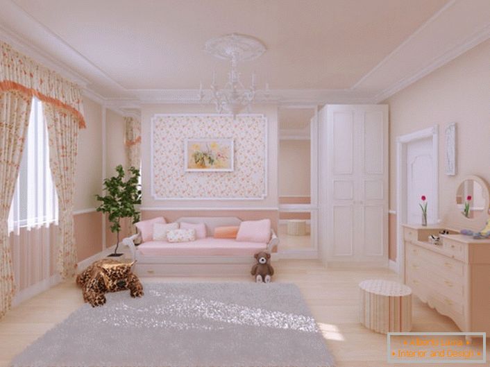 A pretty children's room is decorated in country style. For the decor is also used stucco from polyurethane. 