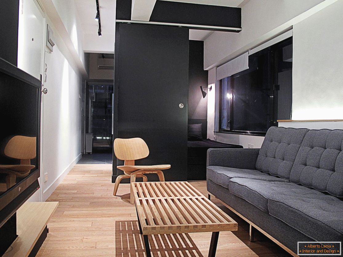 Living room of a narrow apartment in Hong Kong