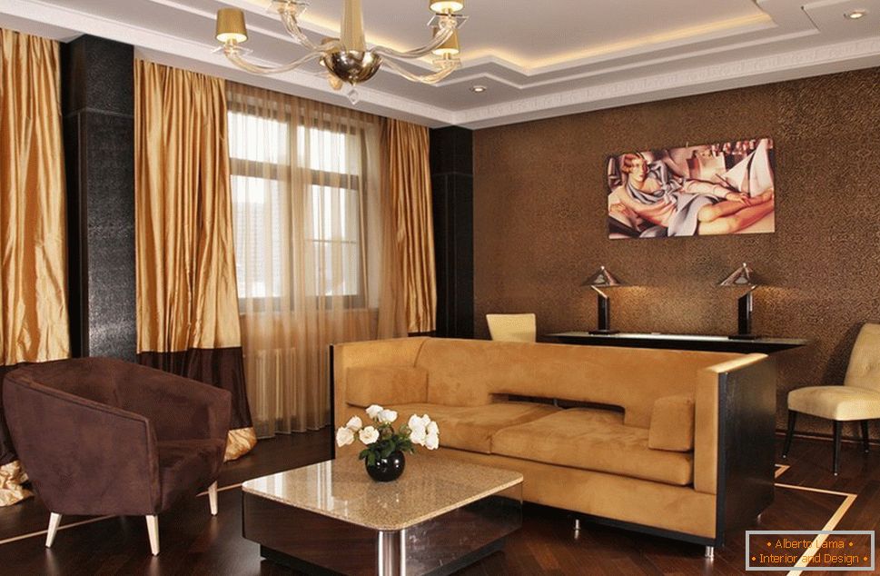 Golden curtains in a brown interior