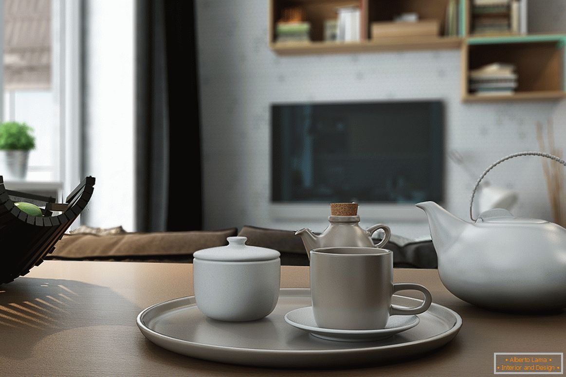 Tea service in the design of a small studio apartment