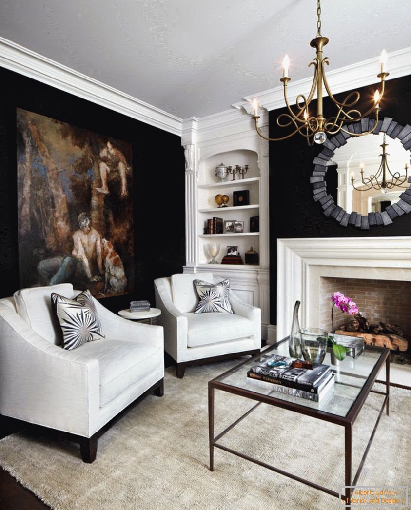 Interior of the living room with black walls