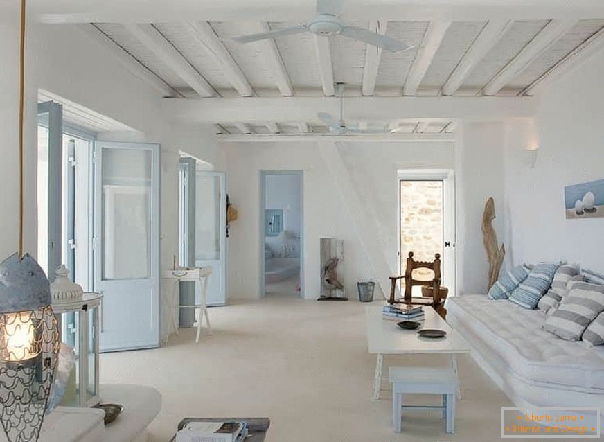 Living room in Greek style with beamed ceiling
