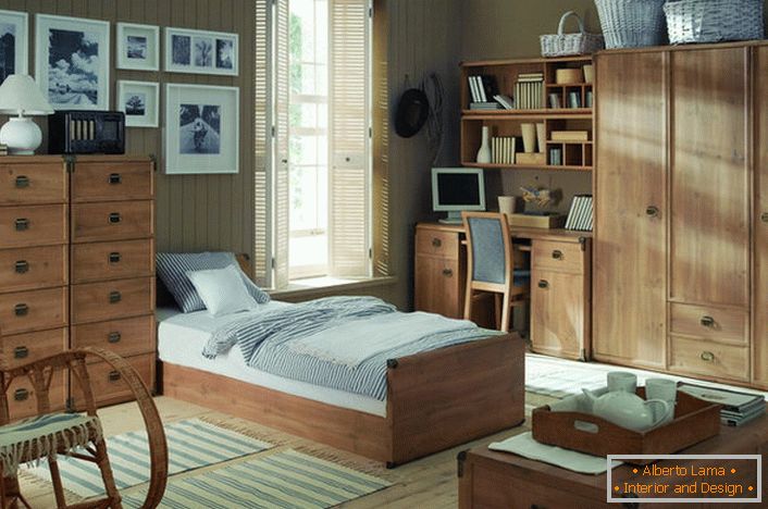 Design project for a child's room in a rustic style. Gently-blue tones visually make the bedroom more spacious. 