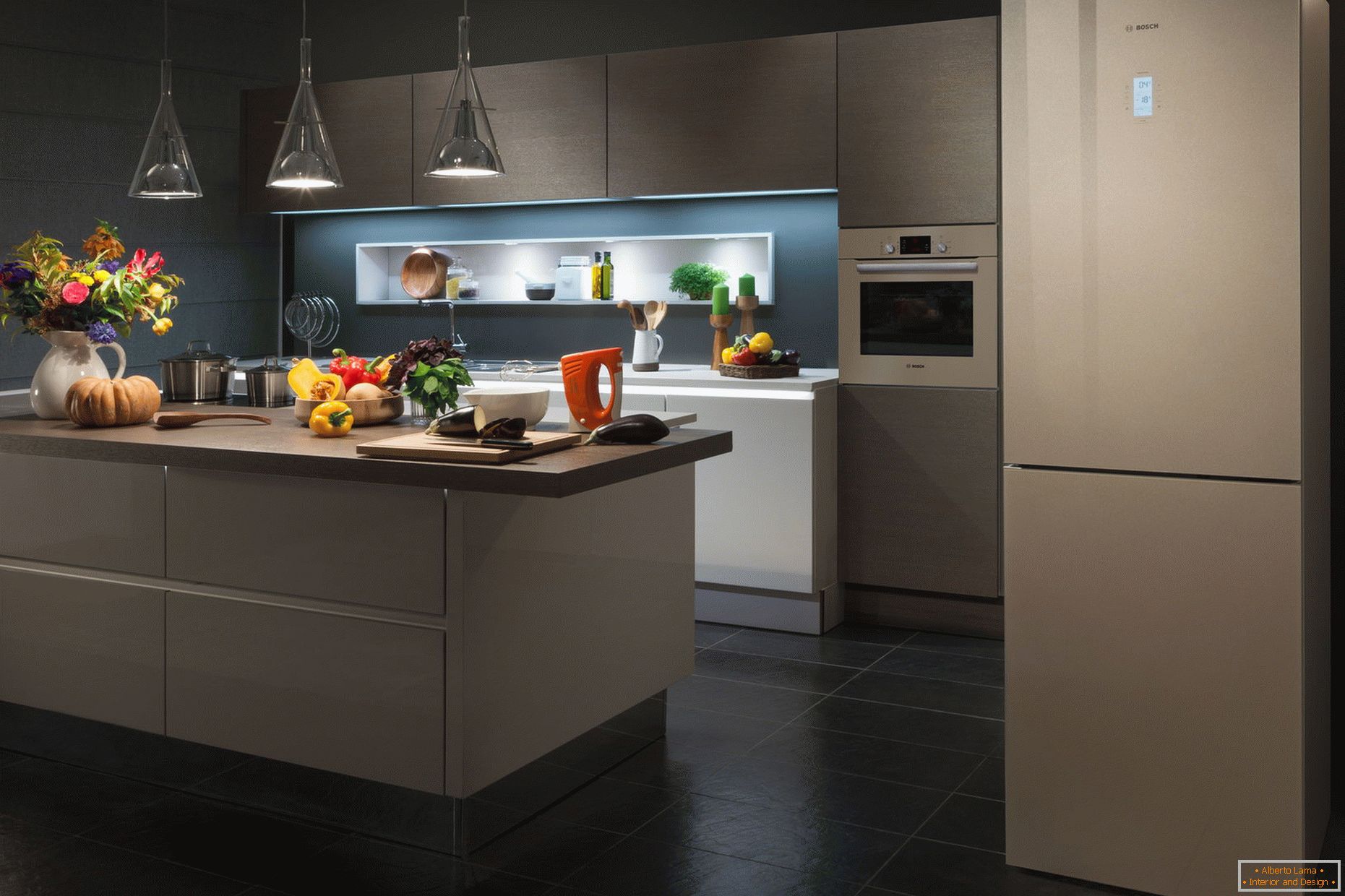 Modern kitchen interior with fridge