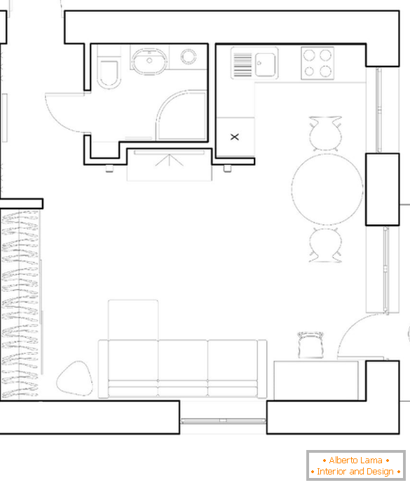 The layout of the studio apartment