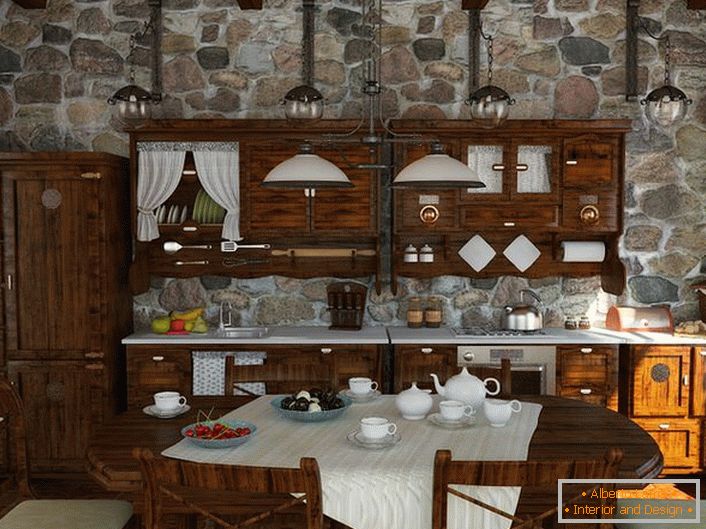 To decorate the country kitchen was chosen a set of wood wenge color.