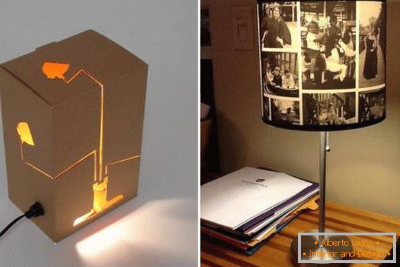 Table lamps made of cardboard and photographs