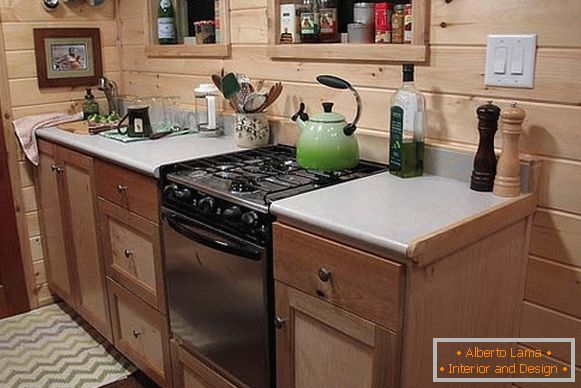 Kitchen of a small cottage on wheels Duck Chalet