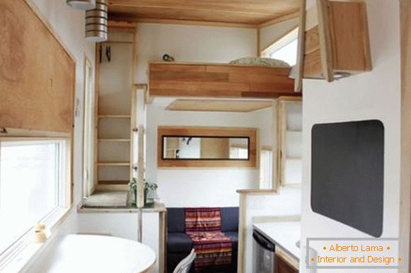 Interior of a small cottage on wheels Leaf house in Canada