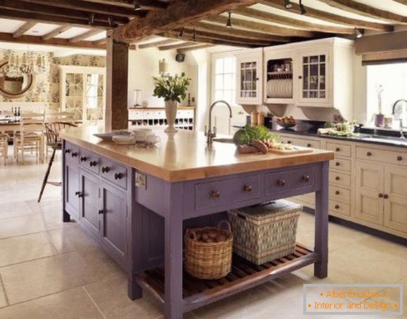 Purple kitchen island table with a curbstone