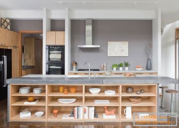 Modern kitchen with island with open shelves