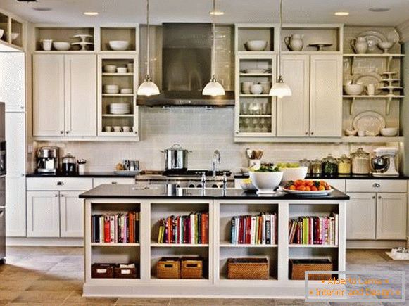 Stylish kitchen design with island and open shelves