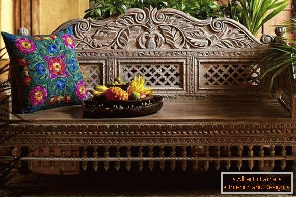 Indian carved furniture - bench sofa with pillows