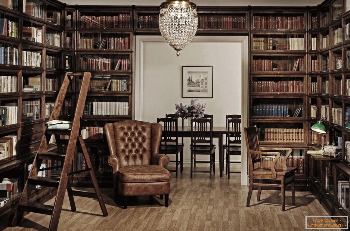 Home library with wooden cupboards