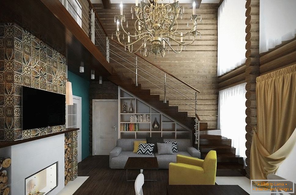 Narrow living room in a log house