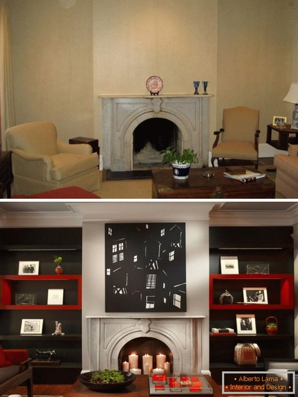 Design of the living room with fireplace before and after