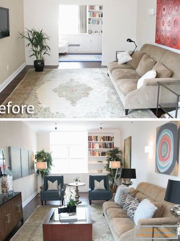 Photo of the living room in a private house before and after