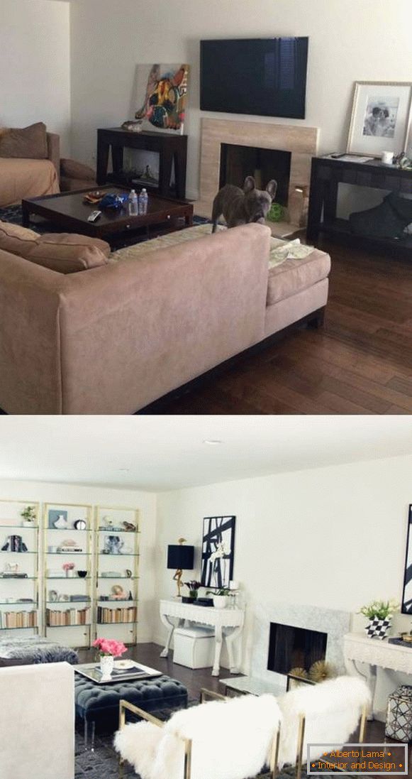 Interiors of the living room of a private house before and after