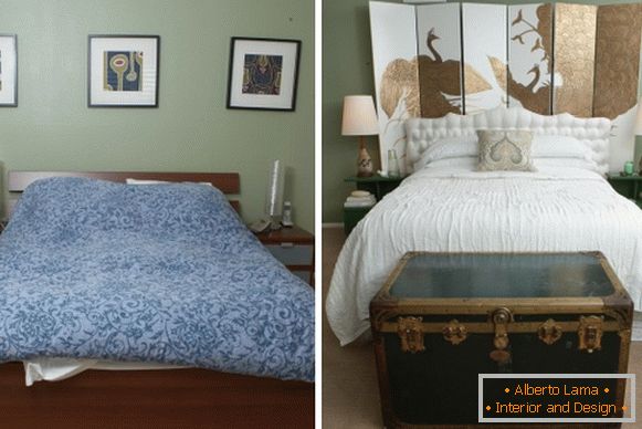 Interior of a bedroom in a private house before and after repairs