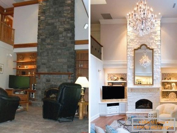 The stylish design of the living room with high ceilings before and after