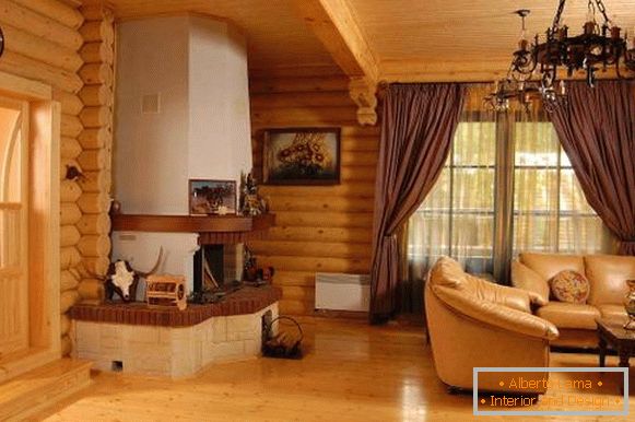 Modern interior of a wooden house from logs inside - photo