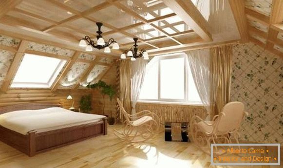 Interior design of the attic in a wooden house