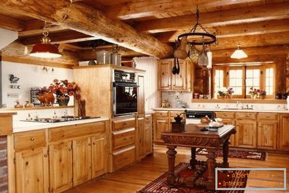 Interior of the kitchen of a wooden house - photo from wood