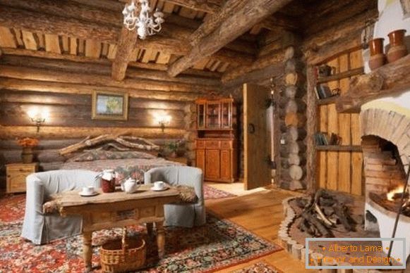 Interior of a wooden house from logs inside - photos in Russian style