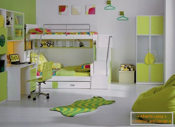 Modern design of the interior of a children's bedroom in a light green color scheme