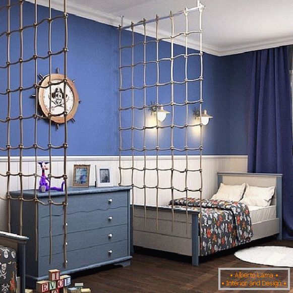 interior of a children's bedroom on a marine theme for two boys