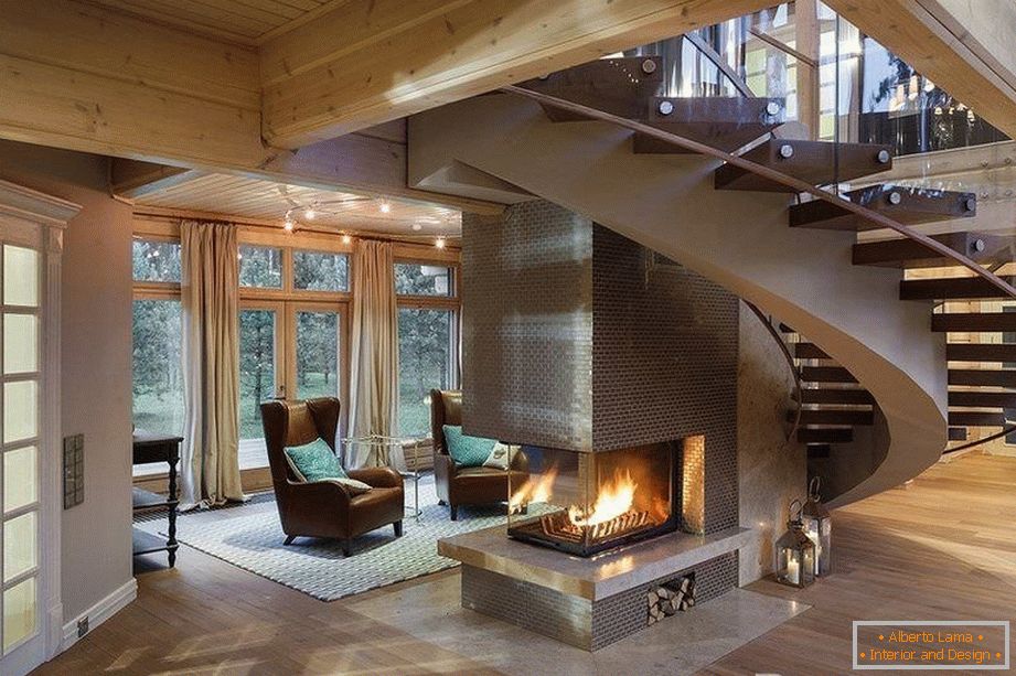 Living room with fireplace под винтовой лестницей 
