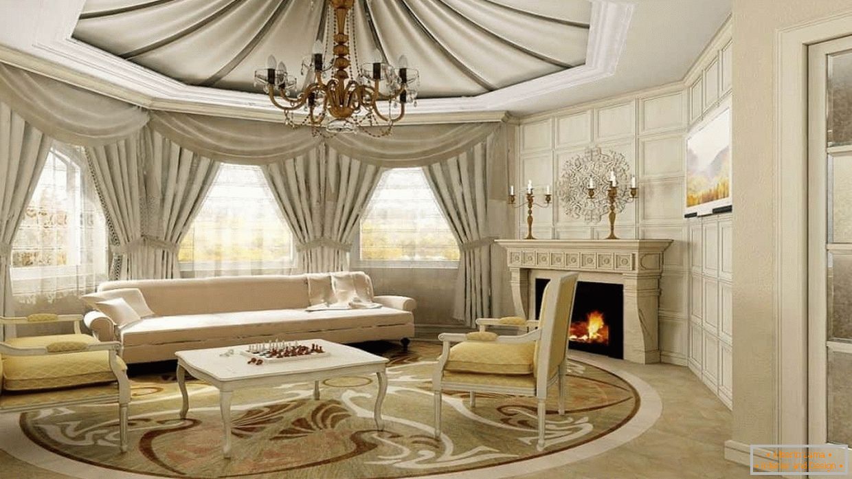 Design of the living room with fabrics in classic style