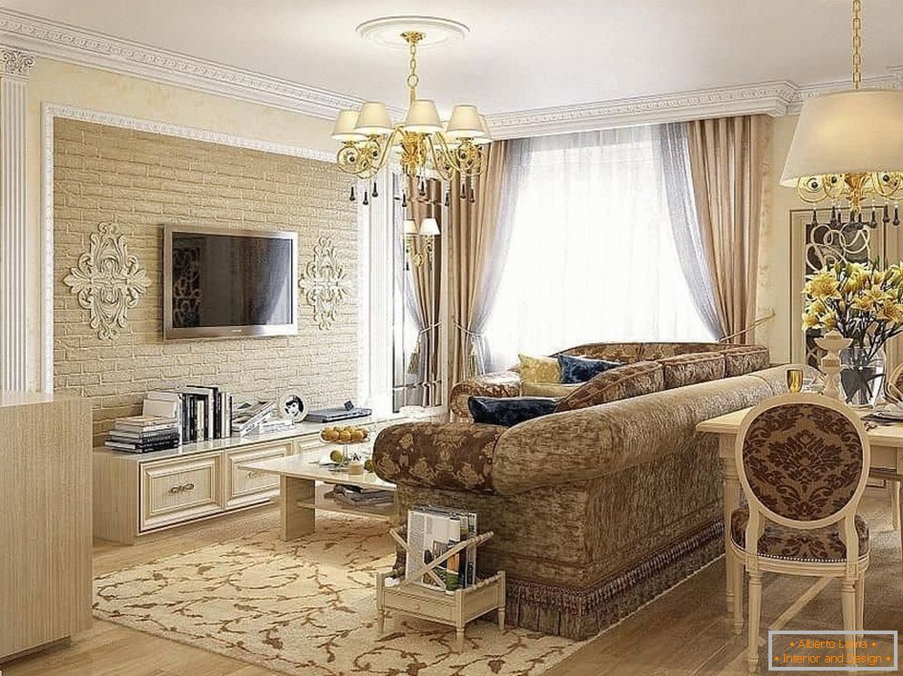 The choice of colors in the design of the living room in a classic style