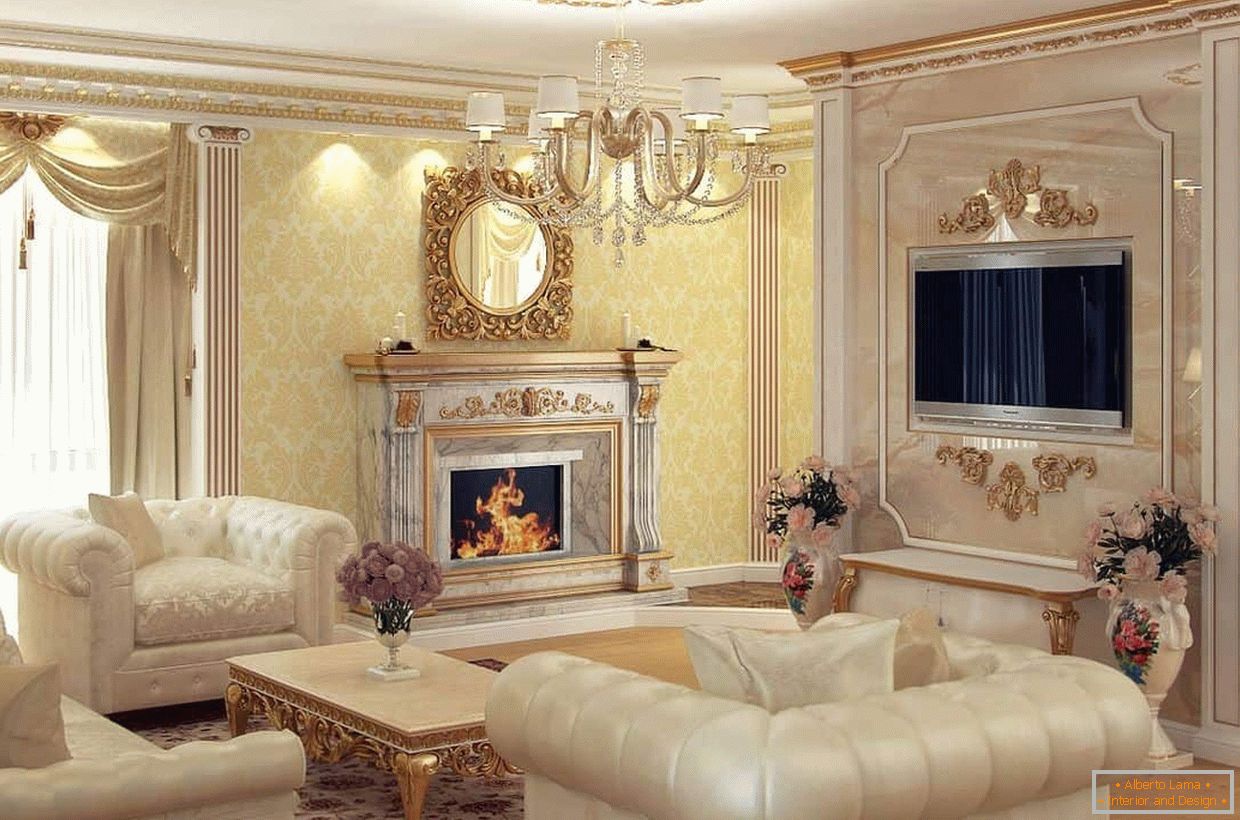 Fireplace in the design of the living room in a classic style