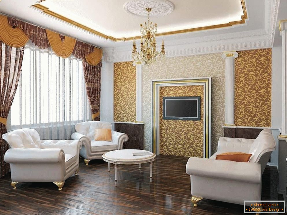Curtains in the design of the living room in a classic style